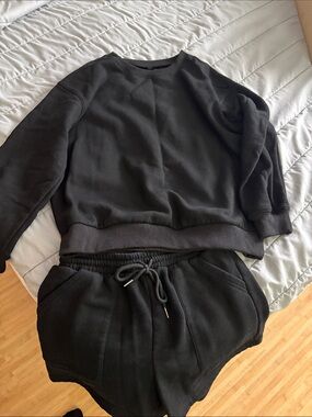 Black Cozy Sweatshirt and Drawstring Shorts Set